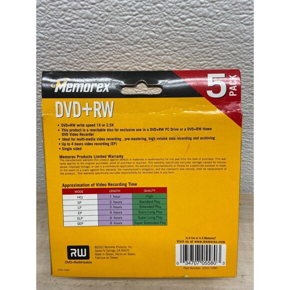 Memorex 4.7GB DVD+RW 5Pack For PC & Home Video Recordable Single Sided New - Picture 6 of 8